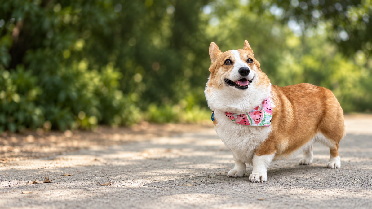 Kona the corgi smiling in a watermelon bandana on a sunlit garden path